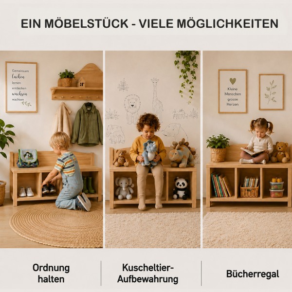 Kinder Sitzbank mit 3 Fächern vielseitig nutzbar für Ordnung, Kuscheltiere und Bücherregal.