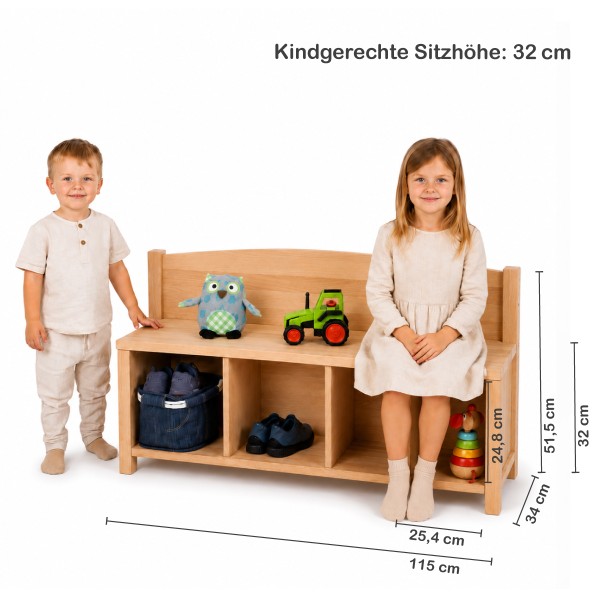 Kinder Sitzbank mit 4 Fächern im Größenvergleich – Breite, Tiefe und Sitzhöhe klar dargestellt.