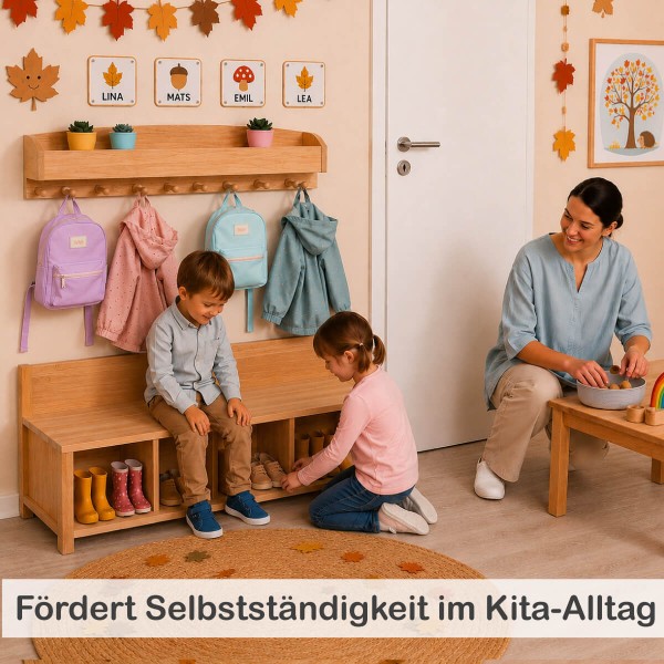 Kinder Garderobe mit Sitzbank in der Kita – pädagogisch wertvoll für Pädagogen und Gruppenarbeit.