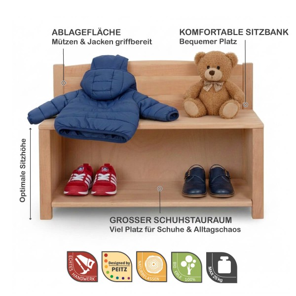 Kinder Sitzbank mit Schuhfach zeigt Ablagefläche, komfortable Sitzbank und großen Schuhstauraum.
