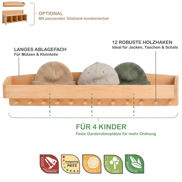 Große Kindergarderobe TORINO aus Erlenholz mit Feature-Infografik und original Holzspielzeug Peitz Gütesiegeln Handwerk, Natur, Nachhaltigkeit.