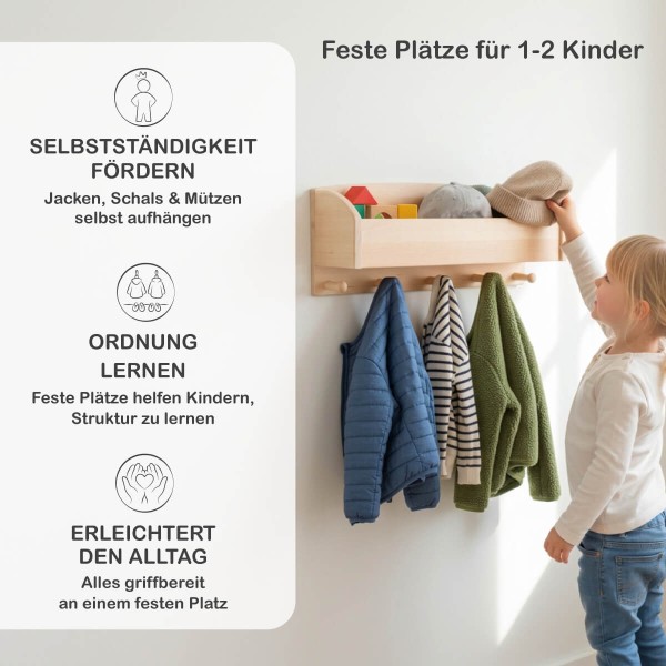 Kindergarderobe Holz. Infografik zeigt den Nutzen für selbstständiges Aufräumen und die Qualität des Erlenholzes.