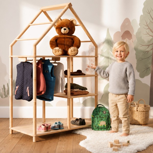 Kind nutzt Montessori Kleiderschrank und lächelt