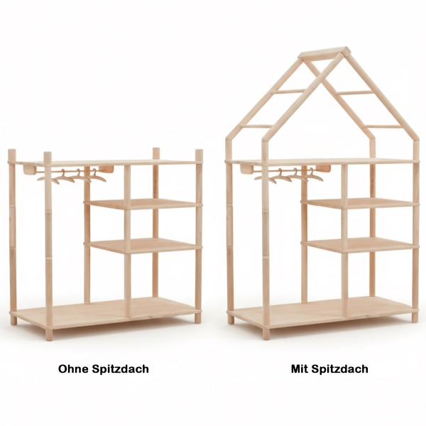 Montessori Kleiderschrank mit Spitzdach als Haus-Design im direkten Variantenvergleich