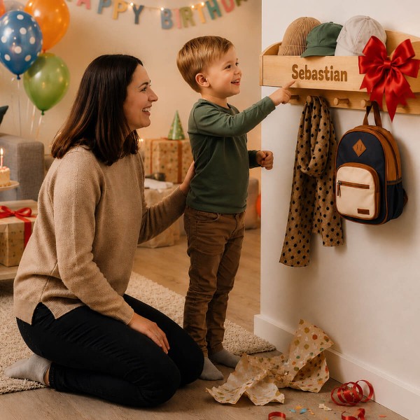 Weihnachtsszene mit Mutter und Kind, die sich über eine personalisierte Garderobe freuen; Produkt hängt an der Wand, Gravur gut lesbar, Weihnachtsbaum daneben.