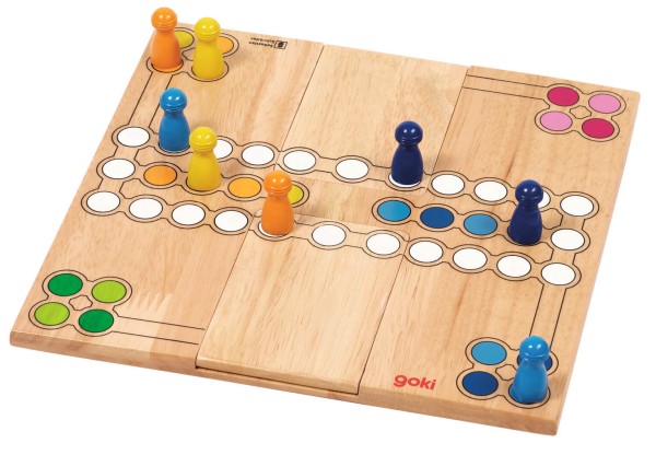Kinder-Brettspiel Ludo aus Holz 56914: Farben- und Zahlen-Lernspiel mit bunten Holzspielfiguren auf einem stabilen Holzbrett