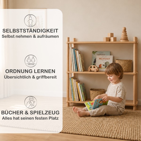 Montessori Bücherregal BERGEN unterstützt selbstständiges Aufräumen und fördert eigenständiges Spielen.