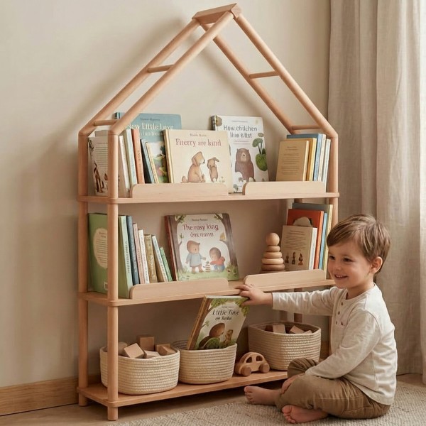 Kind entdeckt Bücher im Montessori Bücherregal BERGEN aus massivem Buchenholz.