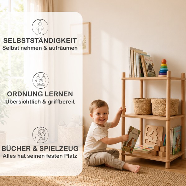 Montessori Bücherregal HELSINKI unterstützt Ordnung, Selbstständigkeit und spielerisches Lernen.