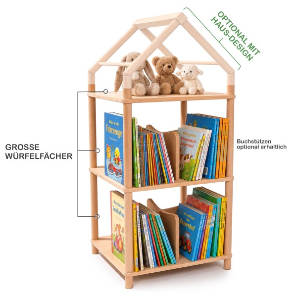 Featureübersicht des quadratischen Montessori Bücherregals HELSINKI mit großen Würfelfächern und offenem Design.
