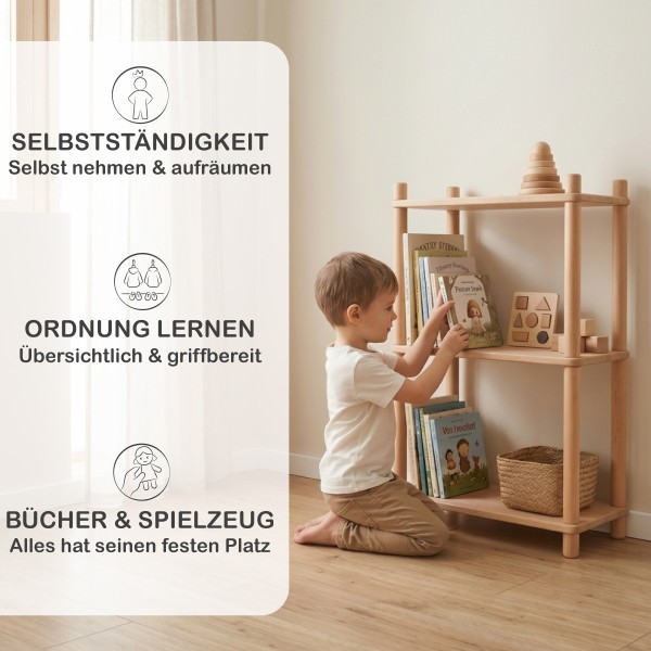 Montessori Bücherregal MONTREAL schafft Ordnung und ermöglicht Kindern freien Zugriff auf Bücher und Spielzeug.