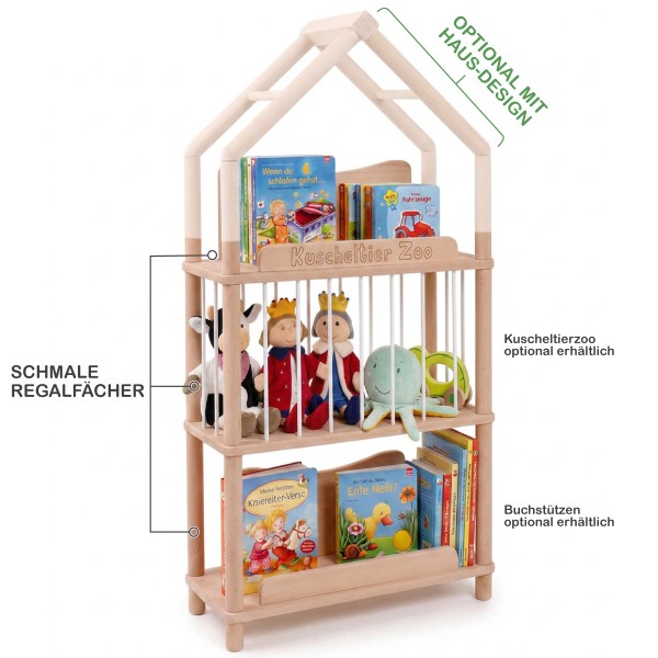 Featureübersicht des Montessori Bücherregals MONTREAL mit schmalem Design und offenen Regalfächern.