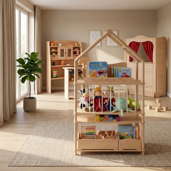 Montessori Bücherregal MONTREAL als schmale und stilvolle Aufbewahrungslösung im Kinderzimmer.