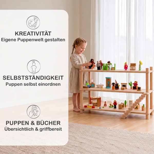 Puppenhaus Regal fördert Kreativität, Selbstständigkeit und übersichtliches Aufbewahren von Puppen und Büchern
