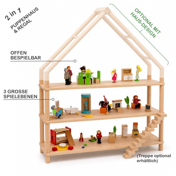 Montessori Puppenhaus Regal mit drei großen Spielebenen, offenem Design und seitlicher Treppe