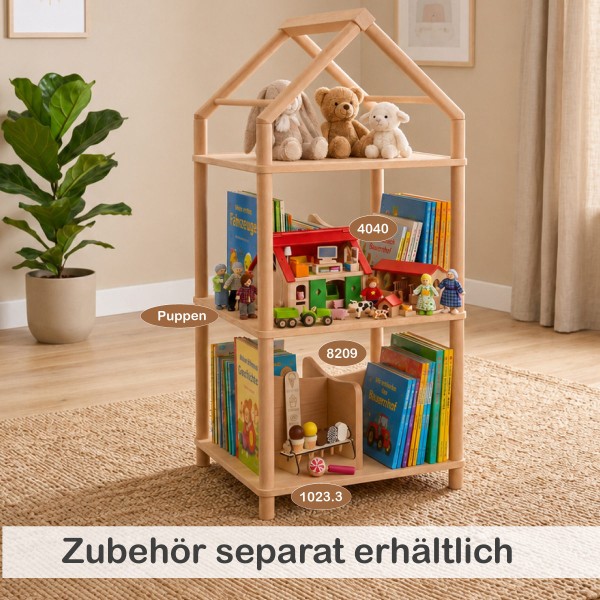 Montessori Regal mit Bauernhof, Holzfiguren, Büchern und passendem Zubehör für abwechslungsreiche Spielideen.