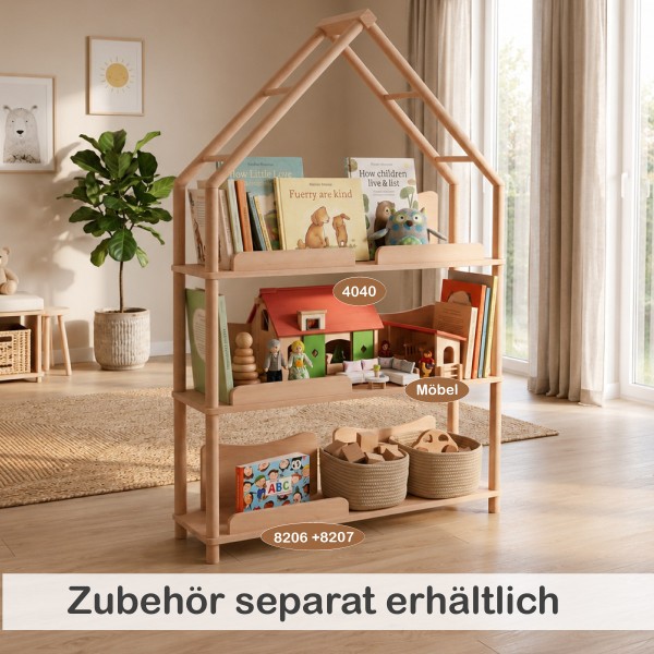 Montessori Regal mit separat erhältlichem Zubehör wie Eisstand, Puppen, Büchern und Aufbewahrungskisten.