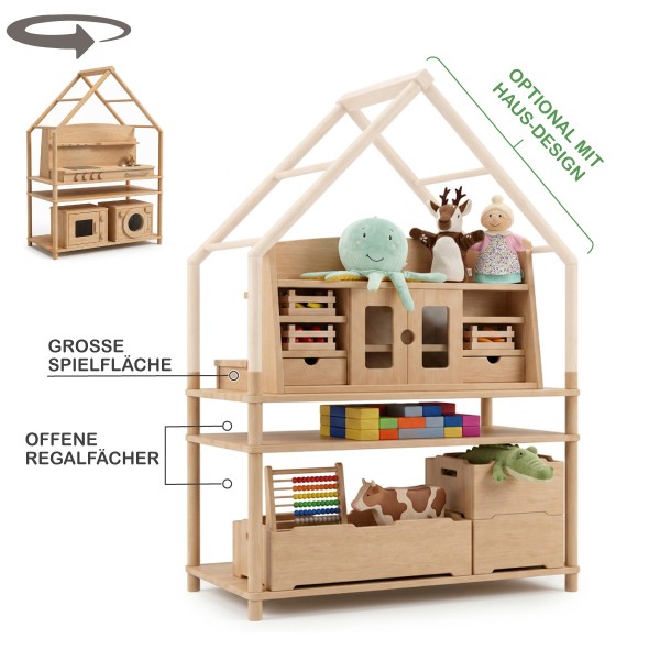 Featureübersicht des Montessori Spielregals LULU mit großer Spielfläche, offenen Regalfächern und modularem Aufbau.
