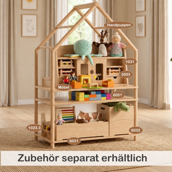 Montessori Regal mit separat erhältlichem Zubehör wie Eisstand, Puppen, Büchern und Aufbewahrungskisten.