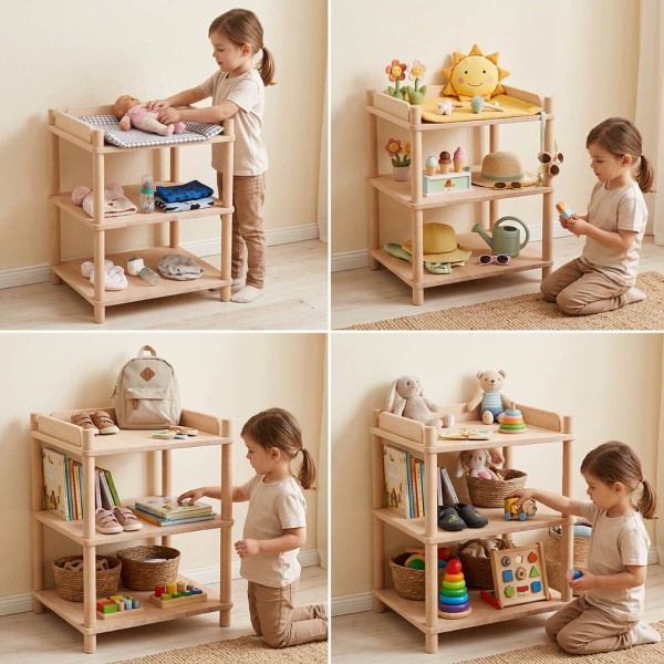 Puppen Wickeltisch flexibel als Spielregal, Themenwelt, Bücherregal und Montessori-Ablage nutzbar