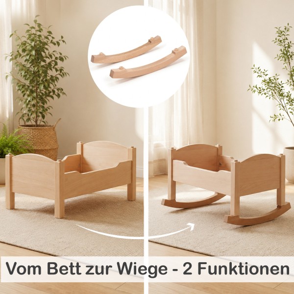 Umbau vom Puppenbett zur Puppenwiege mit Wiegenkufen.