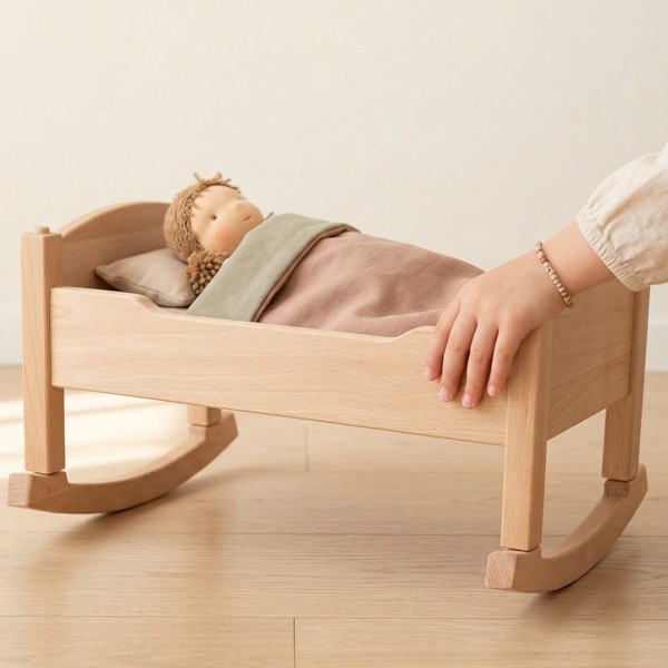Kind schaukelt liebevoll die Puppenwiege mit schlafender Puppe im Rollenspiel.