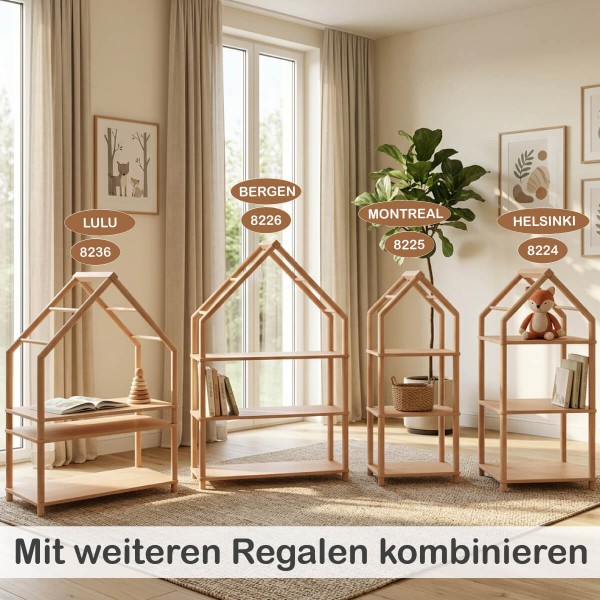 Vier Montessori Regale in unterschiedlichen Größen lassen sich zu einem individuellen Regalsystem kombinieren.