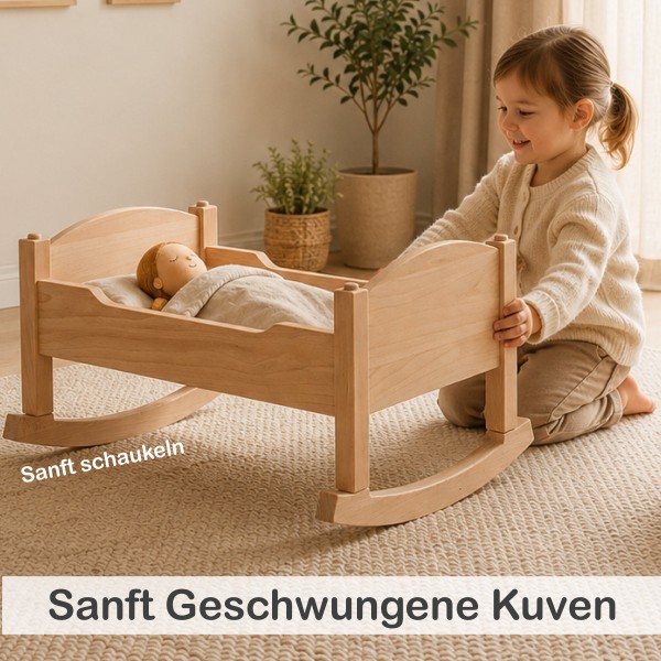 Kind schaukelt die Puppenwiege mit sanfter Schaukelbewegung.