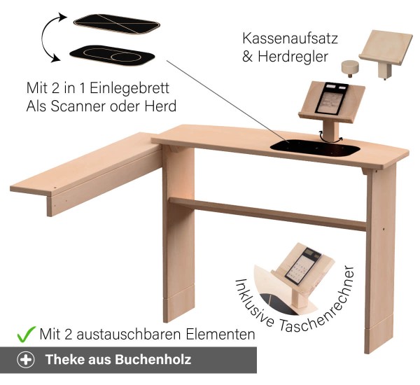 Kaufladen Theke mit vielen Funktionen - Beidseitiges Brett, austauschbare Elemente und ein Taschenrechner