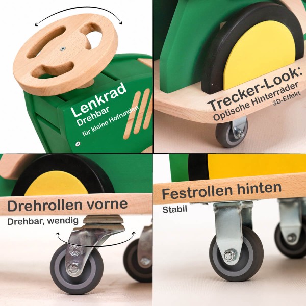 Detailübersicht zum Traktor Rutschauto mit Lenkrad, Flüsterrädern und 3D-Radabstand.