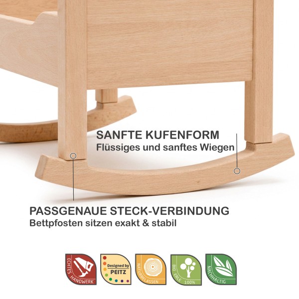 Feature-Highlights der Wiegenkufen mit Steckverbindung und geschwungener Kufenform.