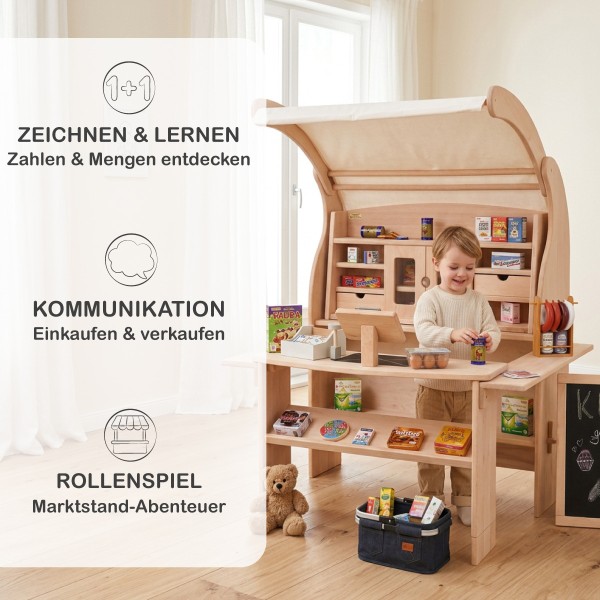 Marktstand Kaufladen Spielständer fördert Rechnen, Kommunikation und fantasievolles Rollenspiel beim Einkaufen