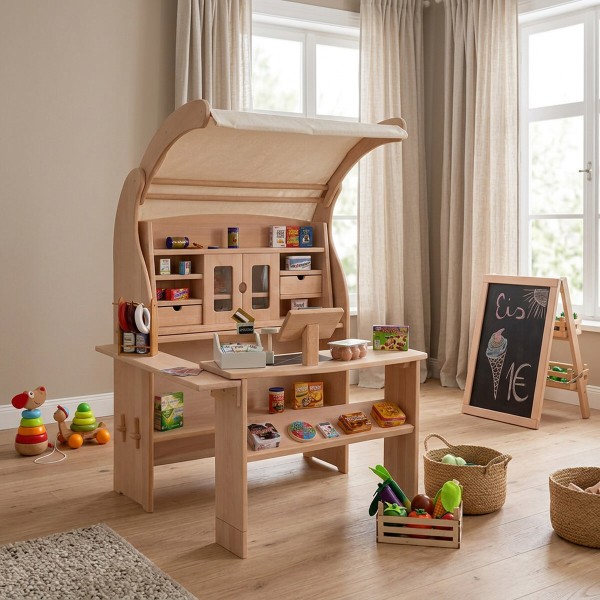 Marktstand Kaufladen Spielständer harmonisch in ein helles minimalistisches skandinavisches Kinderzimmer integriert