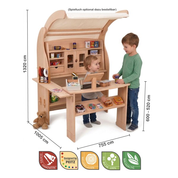Marktstand Kaufladen Spielständer im Größenvergleich mit zwei Kindern – Maße und kindgerechte Spielhöhe klar erkennbar