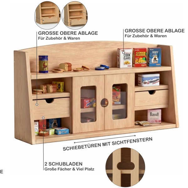 Kaufladen-Einsatz mit großer Ablage, Regalfächern, Schubladen und Schiebetüren für übersichtliches Rollenspiel