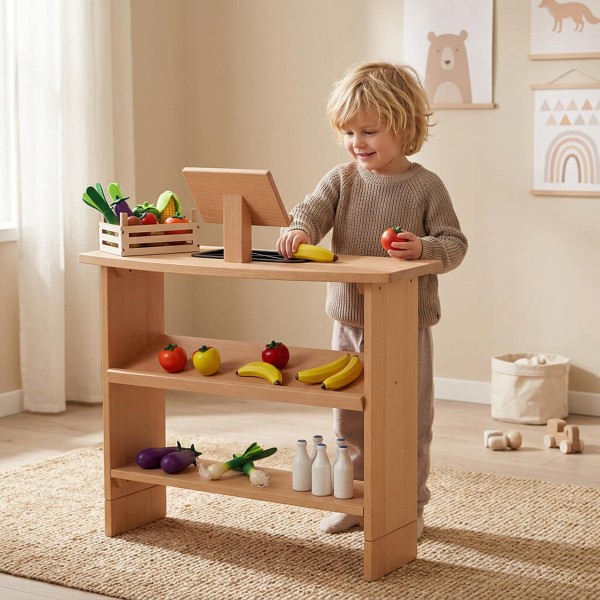 Zusatz-Regal für die Spieltheke mit mehr Ablagefläche und flexibel wählbarer Regalhöhe für Kaufladen-Zubehör