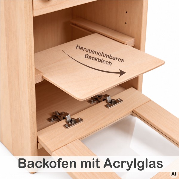 Backofen der Holz Kinderküche mit Acrylglasfenster und herausnehmbarem Backblech in Nahaufnahme