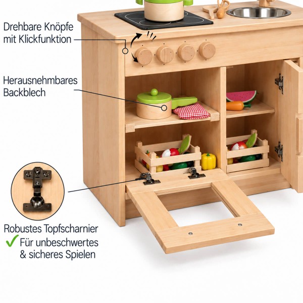 Holz Kinderküche mit offenem Backofen, Stauraum, Drehknöpfen, Edelstahlgriff und robusten Scharnieren