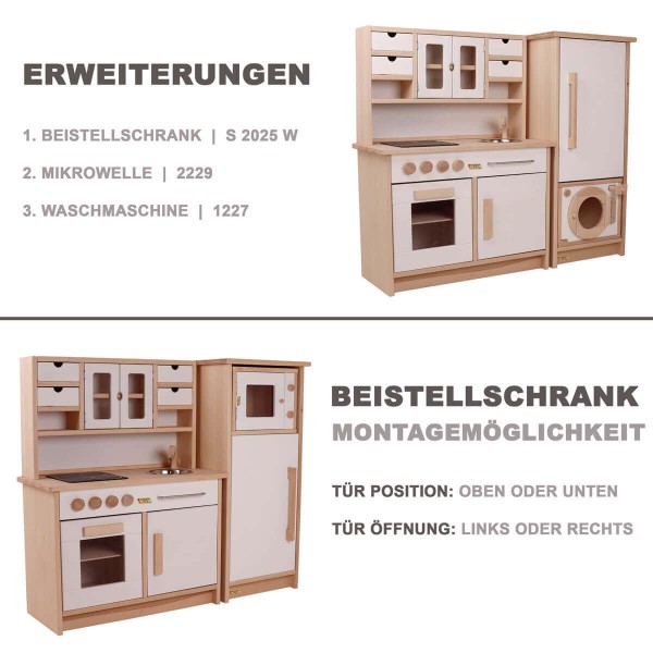 Holz Kinderküche mit flexiblem Beistellschrank und variabler Montagemöglichkeit für unterschiedliche Aufbauten