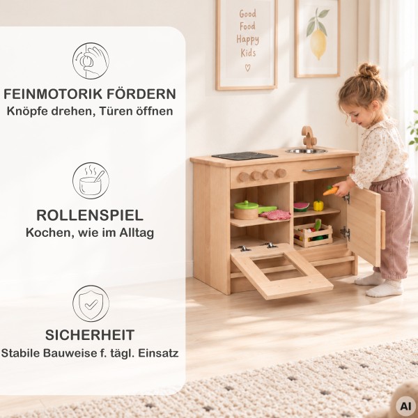 Holz Kinderküche fördert Feinmotorik, Rollenspiel und sicheres selbstständiges Spielen im Kinderzimmer