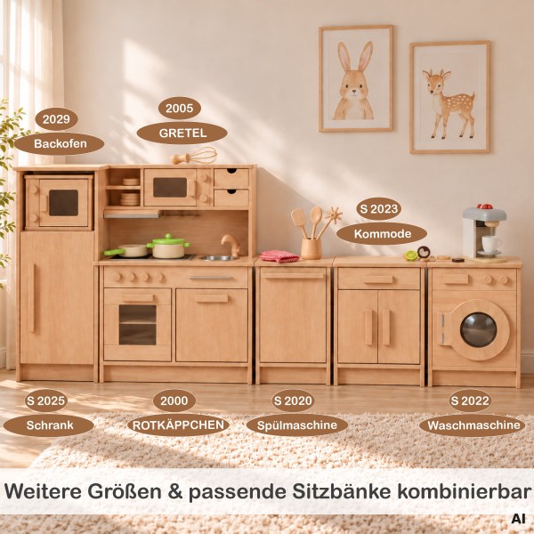 Holz Kinderküche mit passenden Erweiterungen wie Kühlschrank, Spülschrank und Waschmaschine kombinierbar