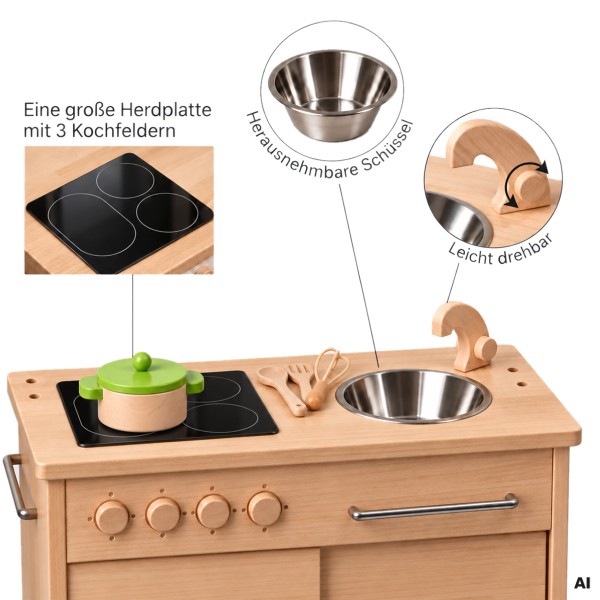 Holz Kinderküche mit Herdplatte, Edelstahlspüle, drehbarer Holzarmatur und herausnehmbarem Spülbecken