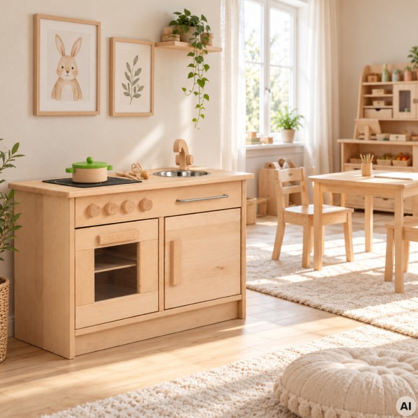 Holz Kinderküche aus Buche natur harmonisch in ein helles skandinavisches Kinderzimmer integriert