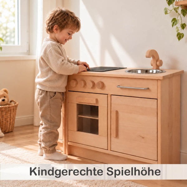 Kind spielt an Holz Kinderküche mit kindgerechter Spielhöhe und gut erreichbaren Bedienelementen