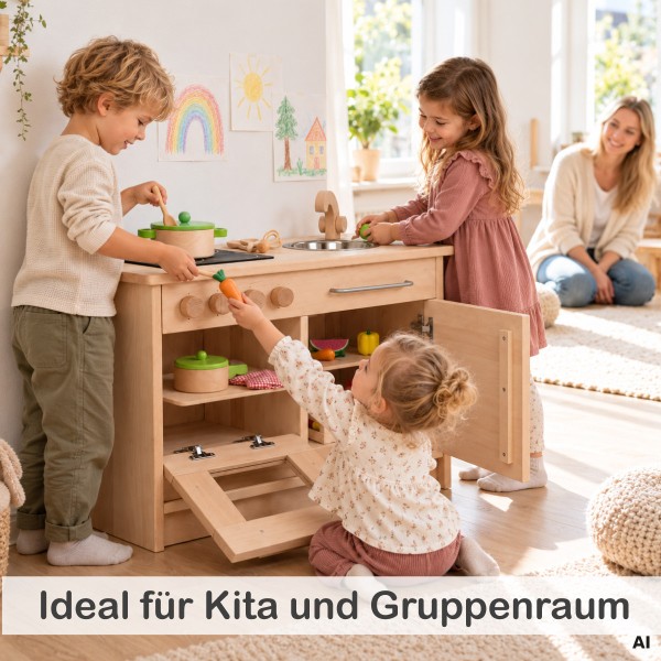 Kinder spielen gemeinsam an Holz Kinderküche in der Kita – ideal für Rollenspiel, Zusammenarbeit und Gruppenräume