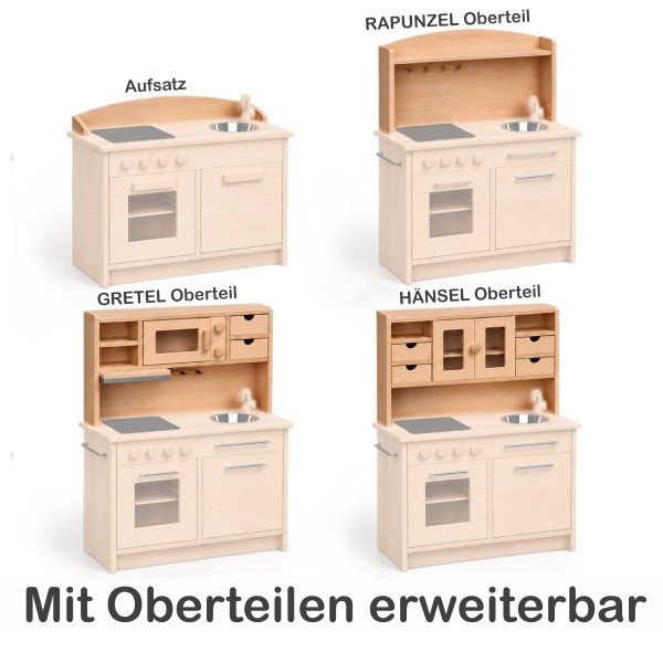 Holz Kinderküche mit verschiedenen Oberteilen erweiterbar – mehrere Varianten für individuelle Spielküchen
