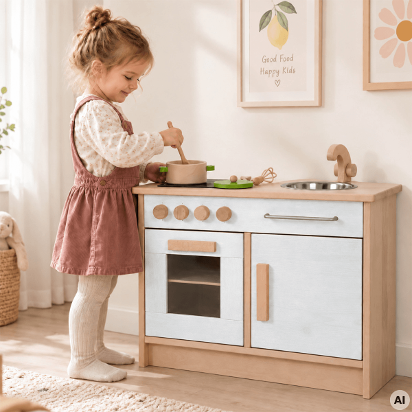 Kind spielt an Holz Kinderküche für Kita in Weiß-Natur mit Herd, Spüle und Metallgriffen