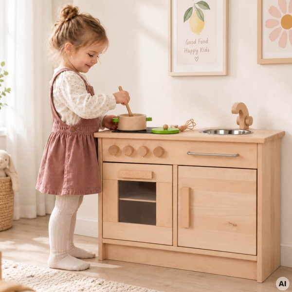 Kind spielt liebevoll an Kinderküche - Rührt im Topf
