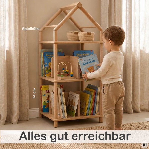 Kinder erreichen Bücher, Puppen und Spielzeug im Montessori Bücherregal selbstständig auf ihrer Höhe.