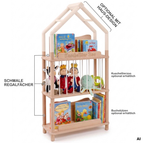 Featureübersicht des Montessori Bücherregals MONTREAL mit schmalem Design und offenen Regalfächern.